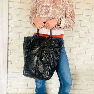 Black Leather Patchwork Tote Bag with Outer Umbrella Pocket and Cell Pouch